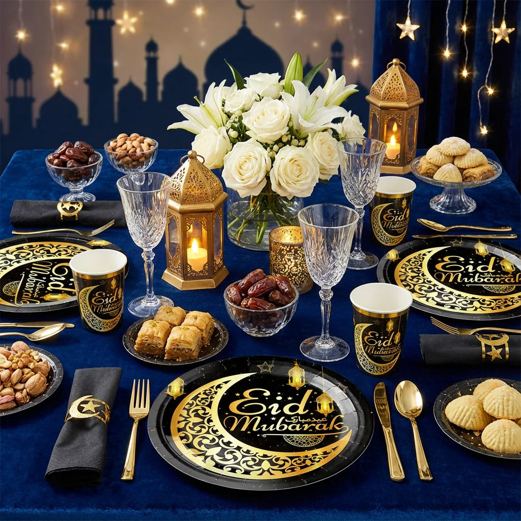 Black & Gold Party Plates - Ramadan & Eid Mubarak Celebration
