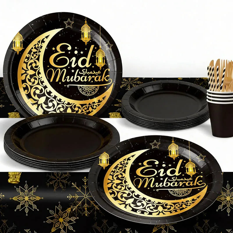 Black & Gold Party Plates - Ramadan & Eid Mubarak Celebration