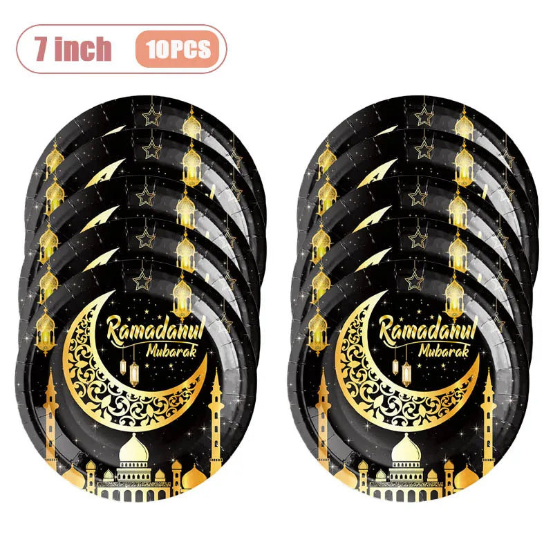 Black & Gold Party Plates - Ramadan & Eid Mubarak Celebration