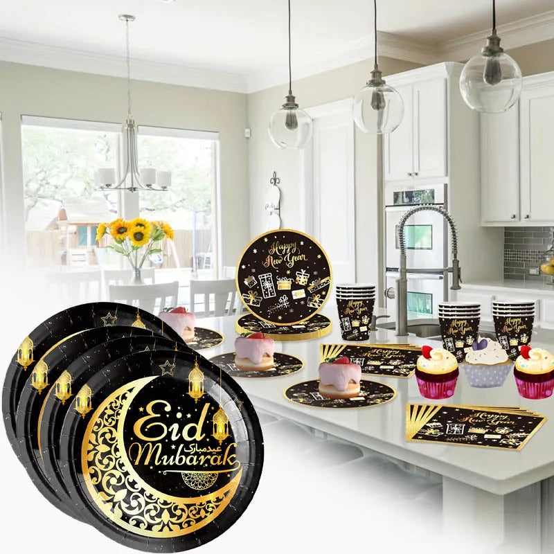 Black & Gold Party Plates - Ramadan & Eid Mubarak Celebration