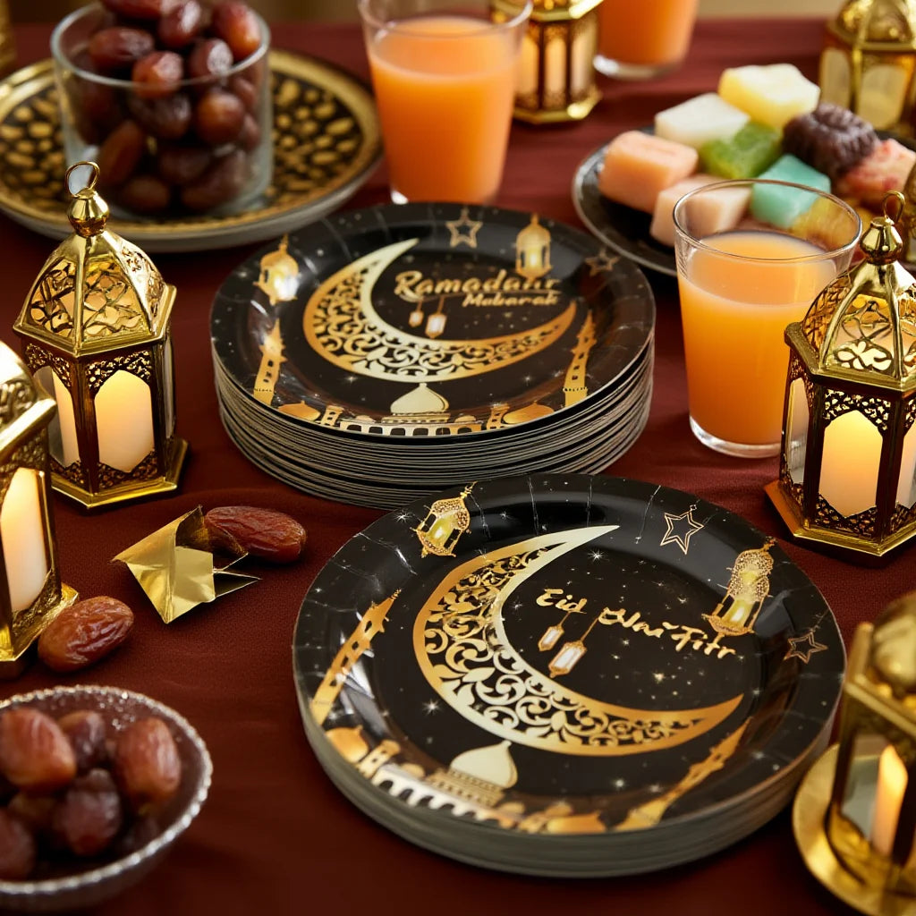 Black & Gold Party Plates - Ramadan & Eid Mubarak Celebration