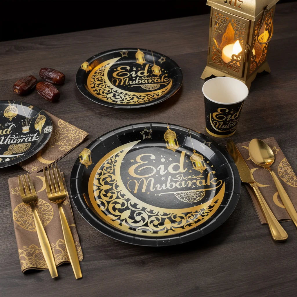 Black & Gold Party Plates - Ramadan & Eid Mubarak Celebration